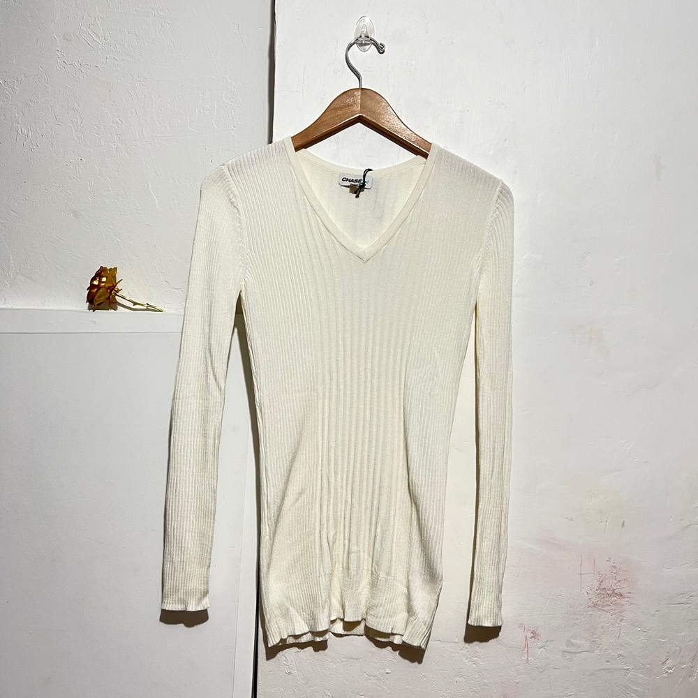 Chase54 knit top beige V neck sweater size S :Box L01: